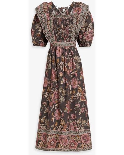 Sea Tess Smocked Brushed Floral-print Cotton Midi Dress - Brown