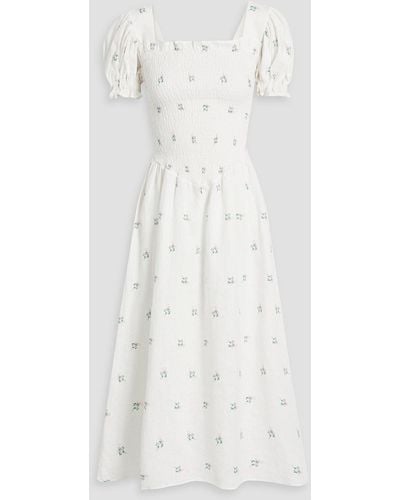 Sleeper Belle Shirred Floral-print Linen Midi Dress - White