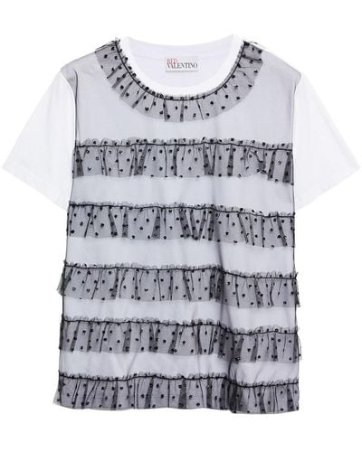 RED Valentino Ruffled Glittered Tulle-trimmed Cotton-jersey Top - Gray