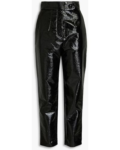 Sara Battaglia Crinkled Cotton-blend Faux Leather Tapered Trousers - Black