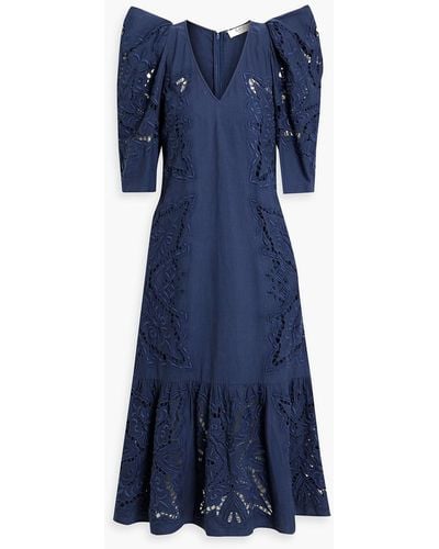 Sea Anita Broderie Anglaise Cotton And Linen-blend Midi Dress - Blue