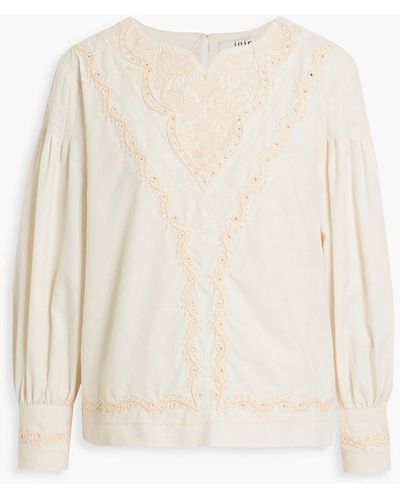 Joie Pleated Broderie Anglaise Cotton And Linen-blend Top - White