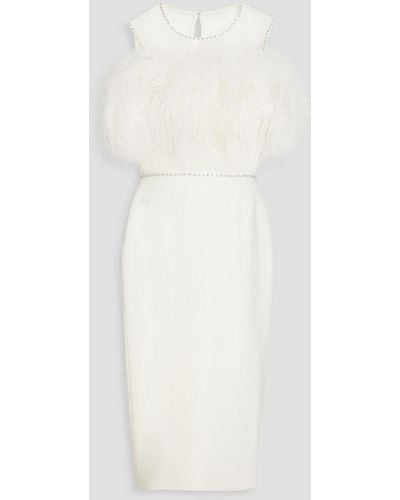 Jenny Packham Feather-embellished Stretch-crepe Midi Dress - White