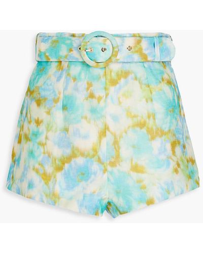 Zimmermann Belted Floral-print Linen And Silk-blend Shorts - Blue