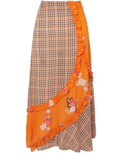 Preen Line Nevah Ruffled Panelled Printed Checked Crepe De Chine Skirt - Orange