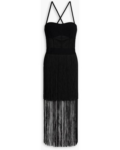 Hervé Léger Fringed Knitted-paneled Ponte Midi Dress - Black