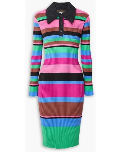 ANDERSSON BELL Cutout Faux Fur-trimmed Striped Ribbed-knit Dress - Pink