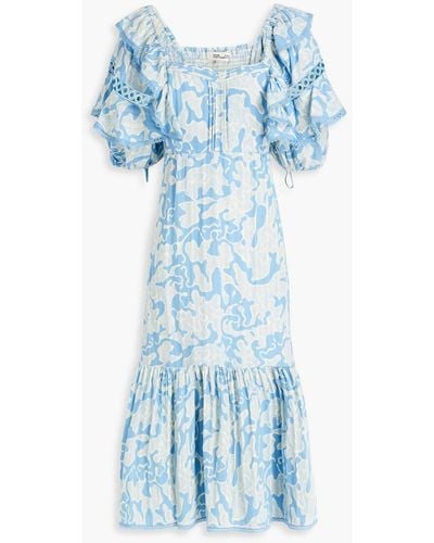 Diane von Furstenberg Oliver Ruffled Printed Cotton-jacquard Midi Dress - Blue