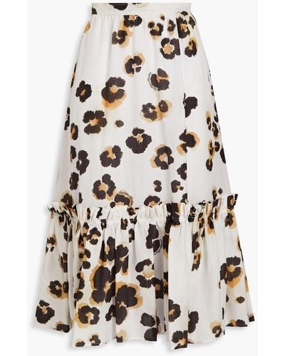 Boutique Moschino Ruffled Leopard-print Cotton And Silk-blend Midi Skirt - White