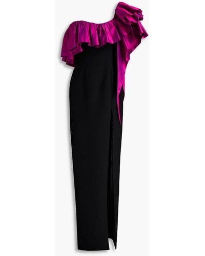 Rasario One-shoulder Shantung-paneled Ruffled Crepe Gown - Purple