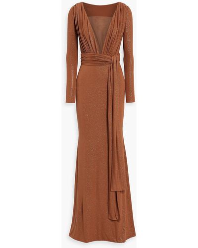 Rhea Costa Ruched Tulle-paneled Glittered Jersey Gown - Brown