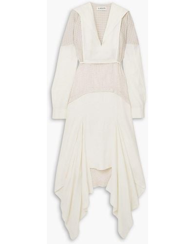 Lanvin Asymmetric Checked Gauze And Woven Midi Dress - White