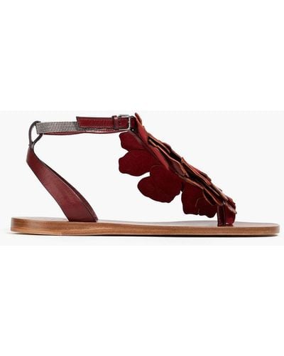 Brunello Cucinelli Embellished Suede And Leather Sandals - Red