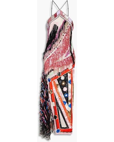 Emilio Pucci Fringed Embellished Tulle And Chiffon Gown - Red