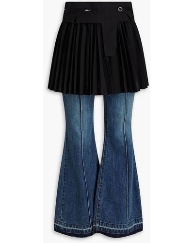 Sacai Layered Pleated Woven-paneled High-rise Flared Jeans - Black