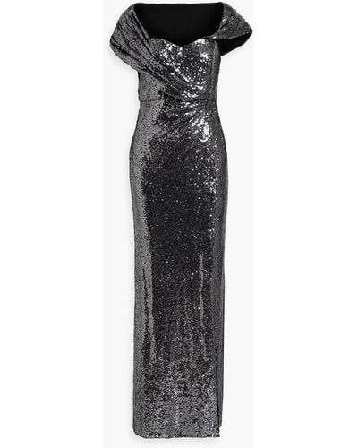 Badgley Mischka Draped Sequined Mesh Gown - Metallic