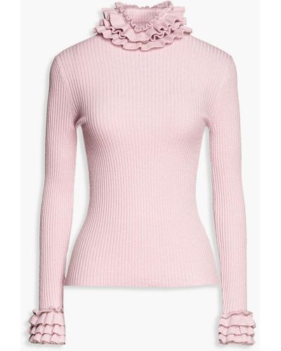 Zimmermann Ruffle-trimmed Ribbed Cashmere-blend Turtleneck Sweater - Pink