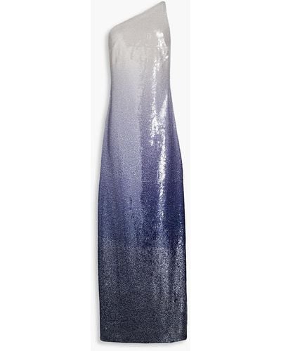 Halston Robe aus chiffon mit farbverlauf, pailletten und asymmetrischer schulterpartie - Blau