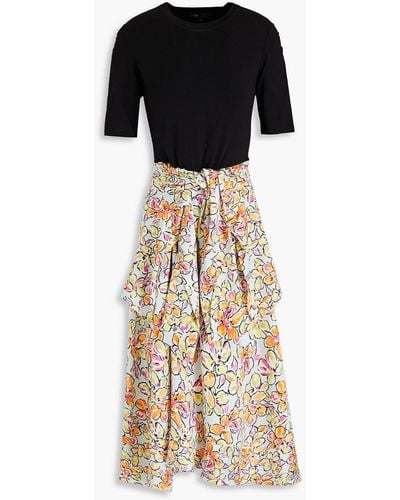Maje Knotted Floral-print Satin-crepe And Stretch-cotton Jersey Midi Dress - Black