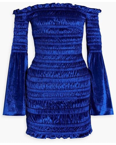 Area Off-the-shoulder Shirred Stretch-chenille Mini Dress - Blue