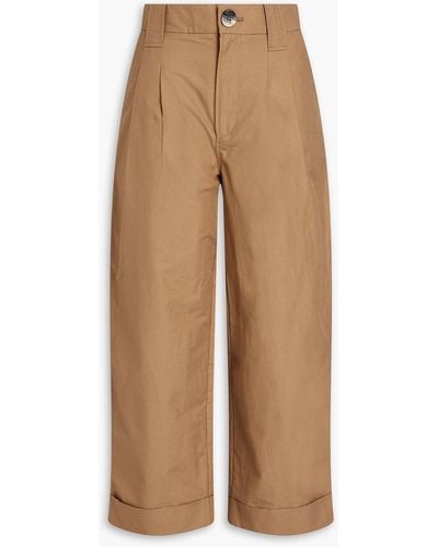 Ganni Cropped Pleated Cotton And Linen-blend Straight-leg Trousers - Natural