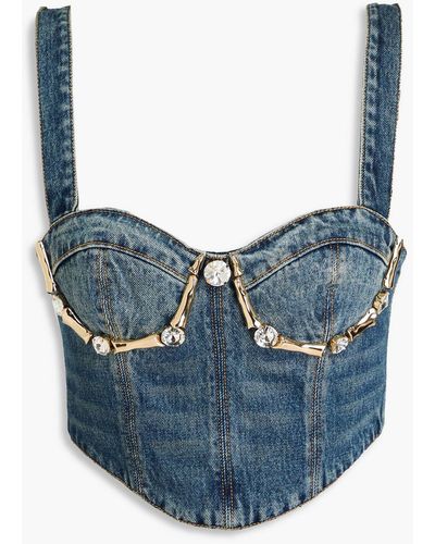 Area Claw Cropped Embellished Denim Bustier Top - Blue