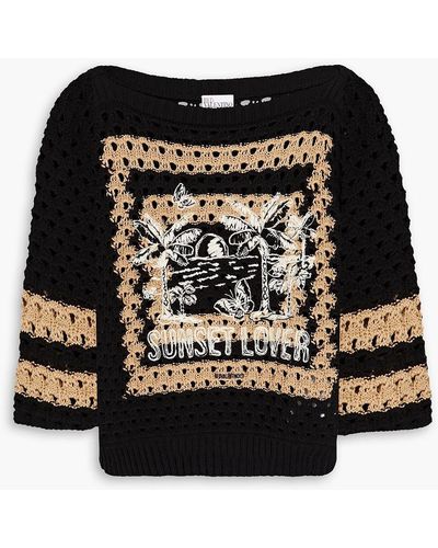 RED Valentino Embroidered Open-knit Cotton-blend Jumper - Black