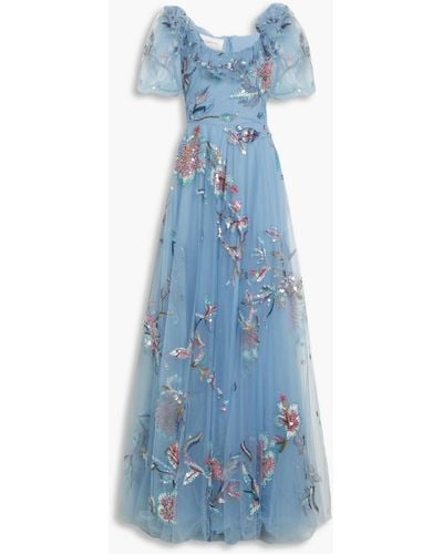 Valentino Ruffled Embellished Tulle Gown - Blue