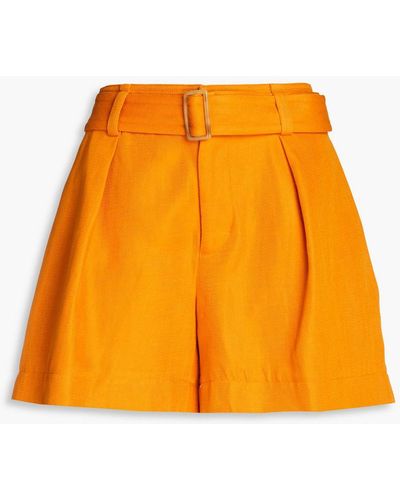Vince Belted Cotton And Linen-blend Twill Shorts - Orange