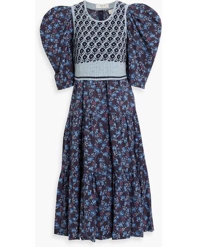 Sea Tilly Tiered Floral-print Cotton And Intarsia-knit Midi Dress - Blue