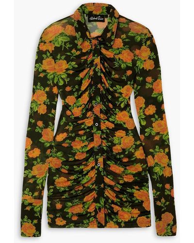 Quinn Ruched Floral-print Stretch-mesh Shirt - Green