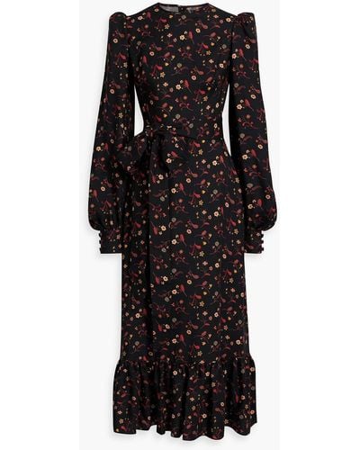 The Vampire's Wife Villanelle Ruffled Floral-print Wool-twill Midi Dress - Black