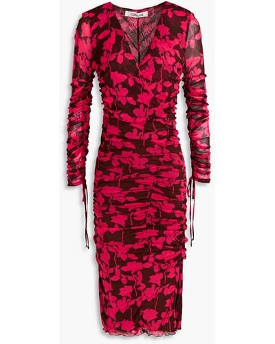 Diane von Furstenberg Ruched Floral-print Mesh Midi Dress - Red