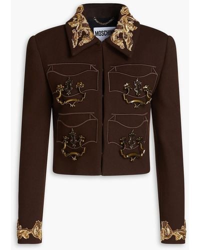 Moschino Cropped Embellished Wool-crepe Jacket - Brown