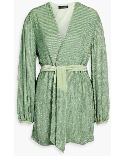 retroféte Gabrielle Velvet-trimmed Sequined Chiffon Mini Wrap Dress - Green