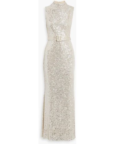 Badgley Mischka Belted Sequined Tulle Gown - White