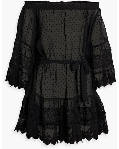 Melissa Odabash Alice Off-the-shoulder Lace-paneled Swiss-dot Mini Dress - Black