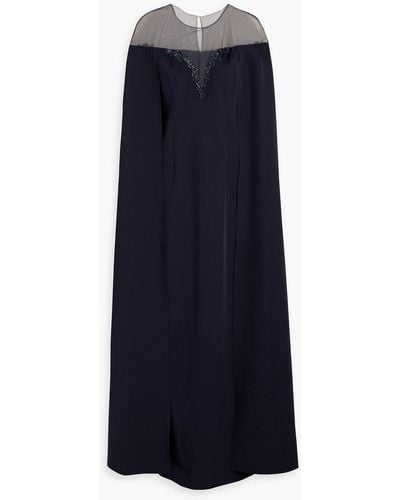 Marchesa Cape-effect Embellished Tulle-trimmed Crepe Gown - Blue