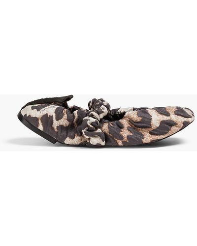 Ganni Ruched Leopard-print Twill Ballet Flats - Black