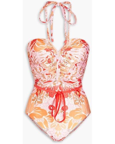 Zimmermann Ruched Paisley-print Halterneck Swimsuit - Red