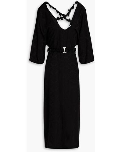 Ganni Belted Satin-jacquard Midi Dress - Black