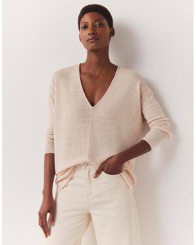 The White Company Linen Rich Rolled Edge V-neck Sweater - Brown