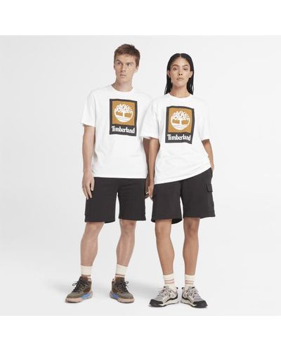 Timberland All Gender Logo Stack T-shirt In White/black, White, Size: 3xl