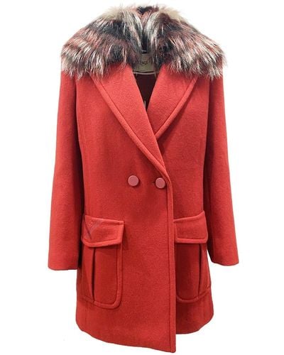 Fendi Cappotto in lana con collo di pelliccia - Rosso