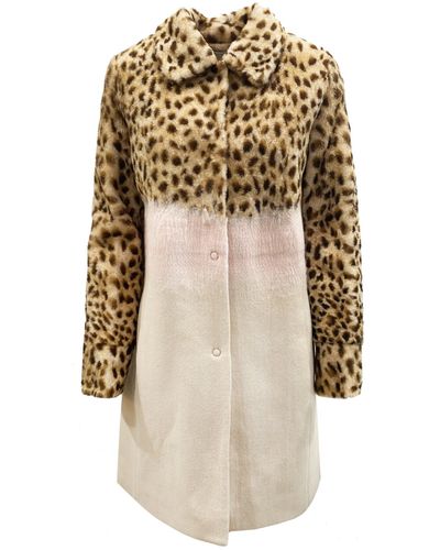 DROMe Leopard Sleeve Shearling Coat - Natural