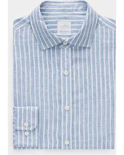 Todd Synder X Champion Banker Stripe Linen Spread Collar Dress Shirt - Blue