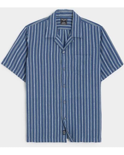 Todd Synder X Champion Multi Stripe Linen Short Sleeve Camp Collar Shirt - Blue