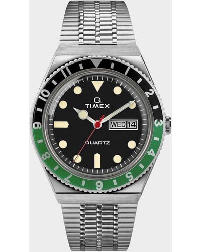 Timex Q Reissue Black Dial With Black/green Bezel Bracelet Watch - Metallic