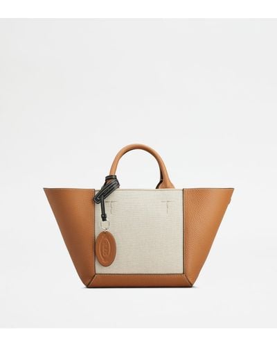 Tod's Double Up Shopping Bag In Leather And Canvas Small - White