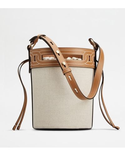 Tod's Kate Bucket Bag In Leather And Canvas Small - Natural